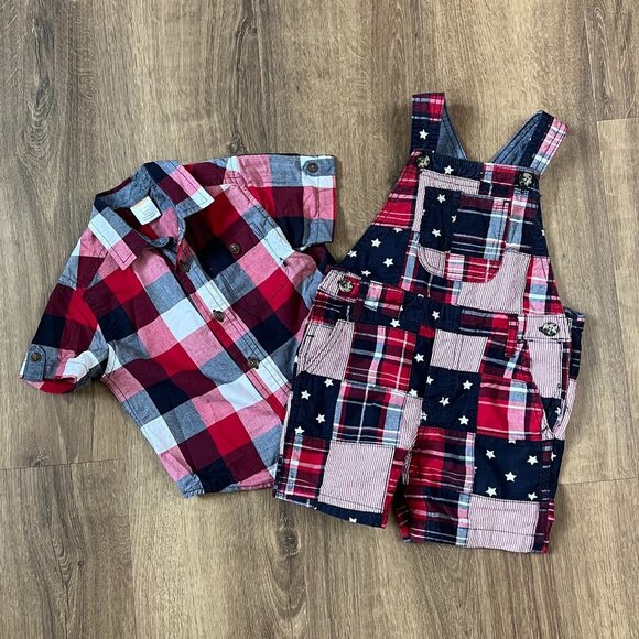 Gymboree Madras Shortalls & Plaid Button Down Shirt American Patriotic Sz 12-18 - Picture 12 of 12